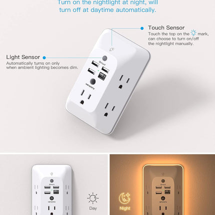 Outlet Extender HANYCONY Power Strip with 4 USB Ports, USB C & Night Light