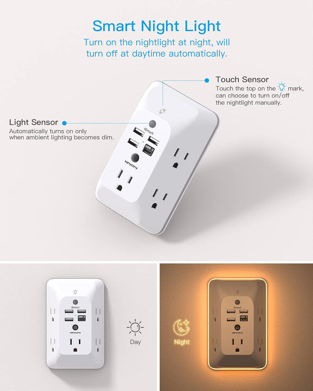 Outlet Extender HANYCONY Power Strip with 4 USB Ports, USB C & Night Light