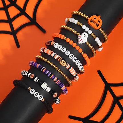 10-Piece Halloween Bracelets Set, Heishi Beaded Boo Skull Charm Stackable Jewelry