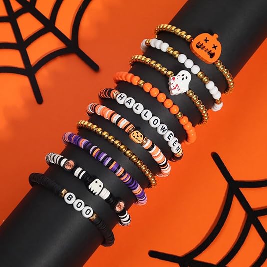 10-Piece Halloween Bracelets Set, Heishi Beaded Boo Skull Charm Stackable Jewelry