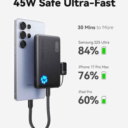 45W Ultra-Slim Portable Charger – 10000mAh PD Power Bank with Built-in USB-C Cable