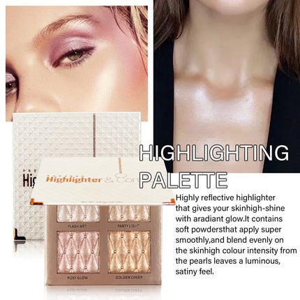 4-Color Highlighter Makeup Palette, Shimmer Bronze Contour, Illuminating Eyeshadow Set
