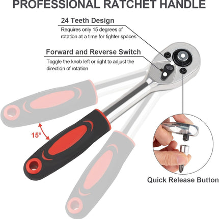 46 Piece 1/4 Inch Ratchet Socket Tool Set with Extension Bar for Car Repair