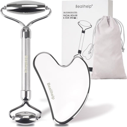 Stainless Steel Face Roller & Gua Sha Set, Facial Massager for Puffiness & Skin Care