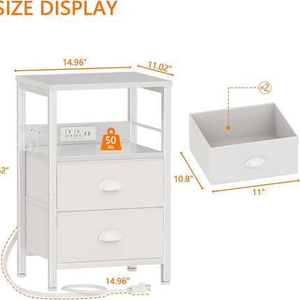 White Nightstand with Charging Station, 2 Fabric Drawers, USB Ports, Outlets and Hooks