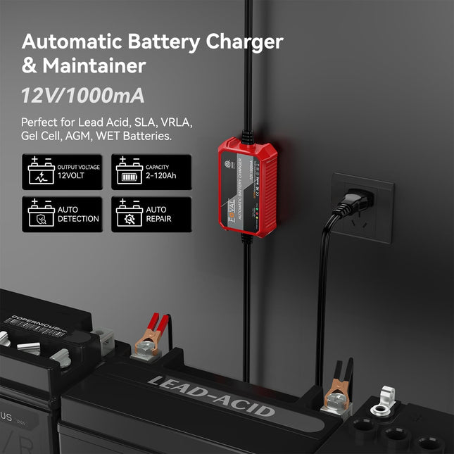 Automatic 12V Trickle Battery Charger – 1000mA Smart Battery Maintainer