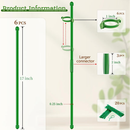 6Pcs 17" Plant Support Stakes, Extendable Garden Poles with Clips & 20 Ties