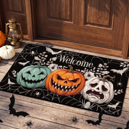 Halloween Welcome Door Mat 17x29in, Non-Slip Spooky Pumpkin Absorbent Rug