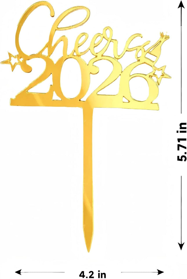 Happy New Year 2026 Cake Topper Mirror Gold Acrylic Party Decoration