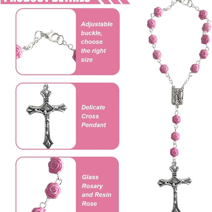 2PCS Car Rosary Rearview Mirror Pendant, Pink Rose Cross Medal Hanging Decor