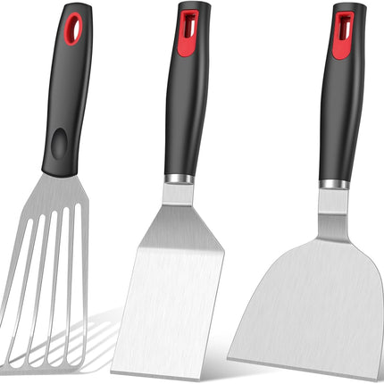 Stainless Steel Metal Spatula Set with Silicone Handle, Fish Turner for Grill & Griddle