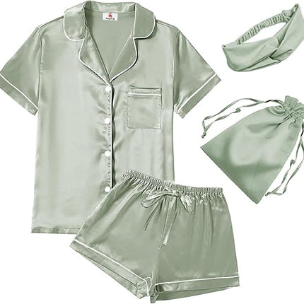 4PCS Womens Satin Pajama Set Silky Floral Sleepwear XS-4XL Loungewear