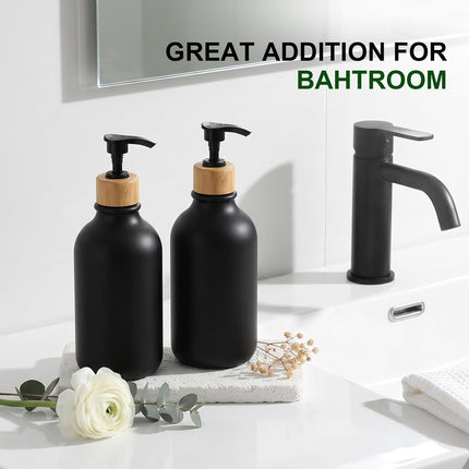 2-Pack Black Soap Dispensers 17oz, Bamboo Pump, Refillable Hand & Dish Soap Bottles