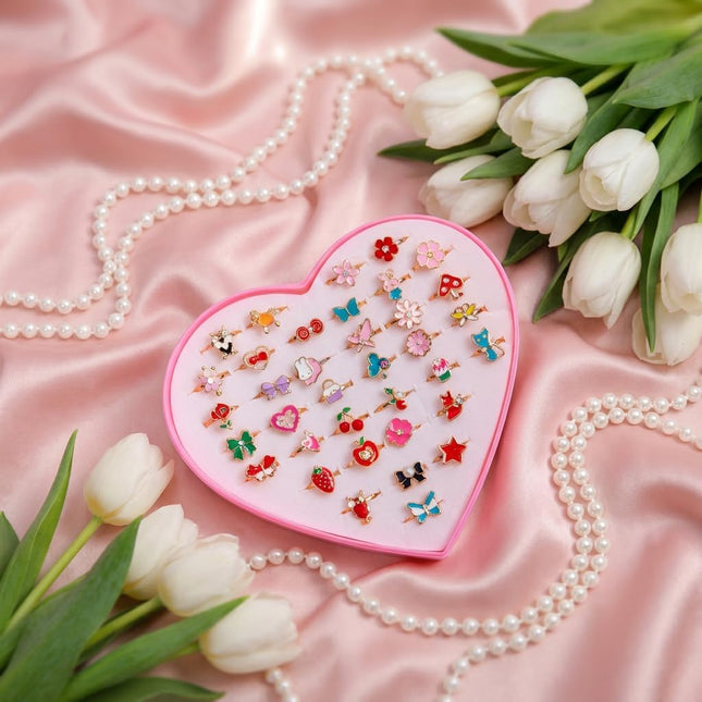 36 Pcs Little Girl Alloy Jewelry Rings – Adjustable, No Duplication, Birthday Gifts