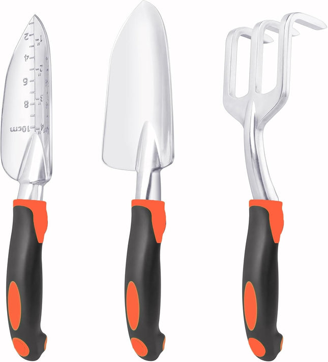3-Pack Garden Tools Set – Shovel, Trowel & Hand Rake with Ergonomic Handle (Orange)