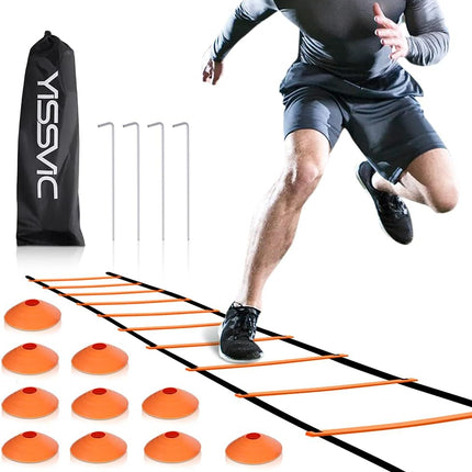 20ft Agility Ladder and Cones Set with 12 Adjustable Rungs, 4 Metal Pegs and Carry Bag