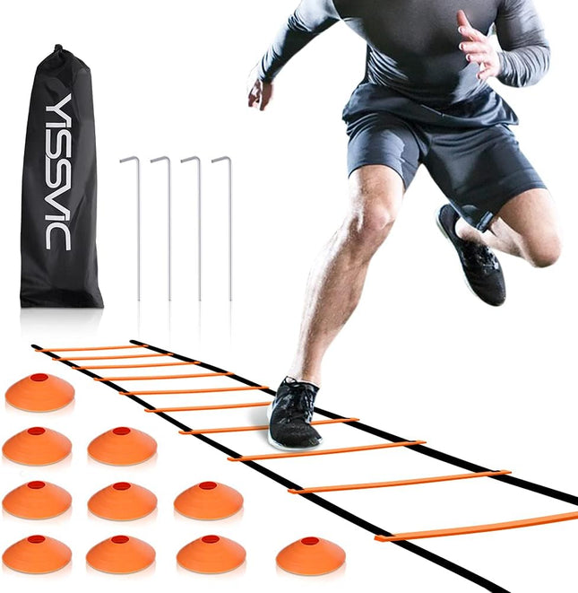 20ft Agility Ladder and Cones Set with 12 Adjustable Rungs, 4 Metal Pegs and Carry Bag