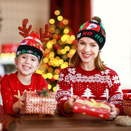 2-Pack LED Christmas Sweater Hats – Flashing Knitted Beanie with Snowman
