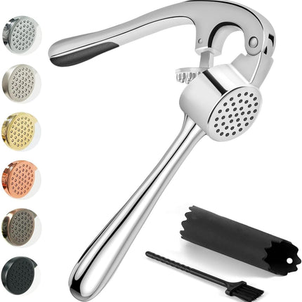 Premium Garlic Press Set – Heavy Duty Mincer with Peeler & Brush, Gloss Silver