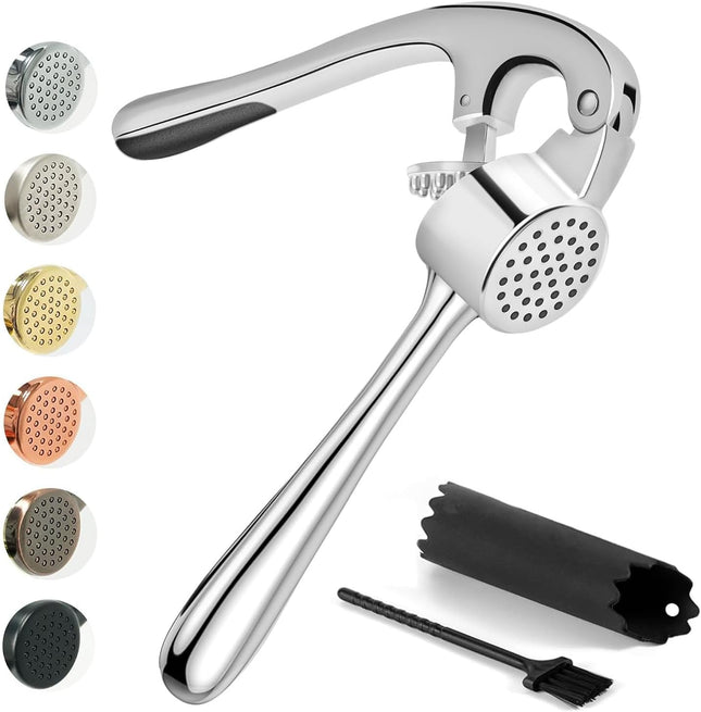 Premium Garlic Press Set – Heavy Duty Mincer with Peeler & Brush, Gloss Silver