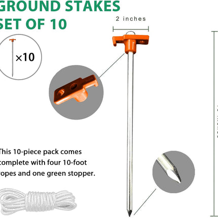 10 Pack Galvanized Tent Stakes Heavy Duty Ground Pegs with 10FT Ropes