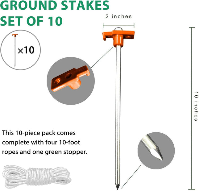 10 Pack Galvanized Tent Stakes Heavy Duty Ground Pegs with 10FT Ropes