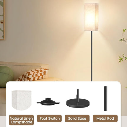 64.6" Modern Floor Lamp with Foot Switch Minimalist Standing Lamp Black Beige