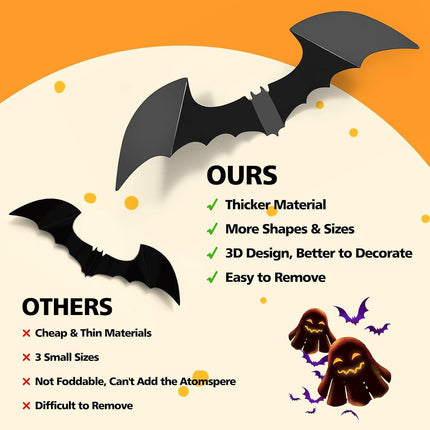 100-Piece 3D Halloween Bat Wall Stickers, PVC Bats for Indoor Outdoor Party Decor