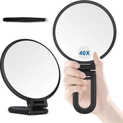 40X Magnifying Hand Mirror – Double-Sided, Foldable, Portable, Frosted Black