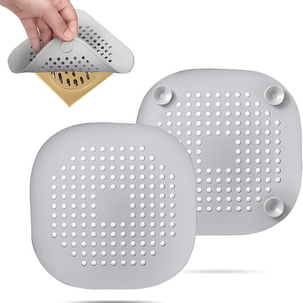 2 Pack Hair Drain Catcher – Square Silicone Drain Cover with Suction Cup (Grey)