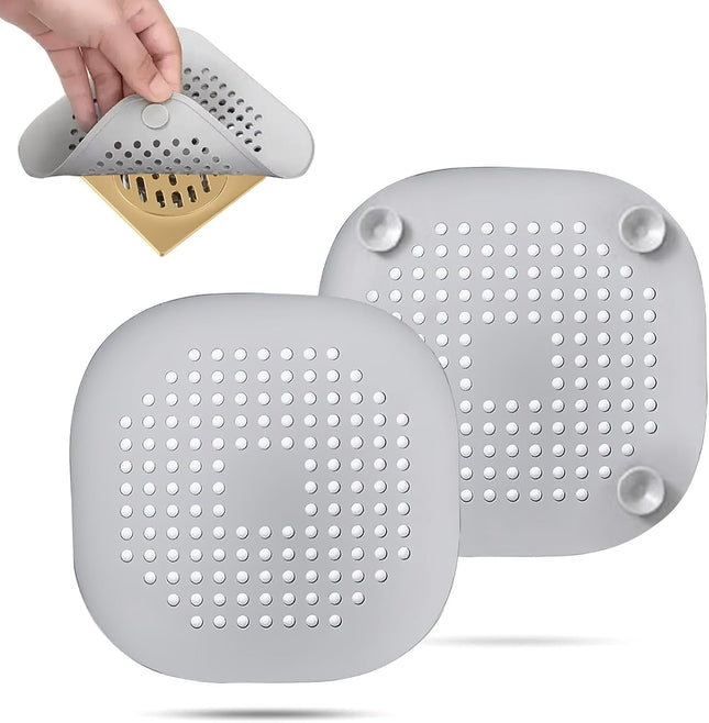 2 Pack Hair Drain Catcher – Square Silicone Drain Cover with Suction Cup (Grey)
