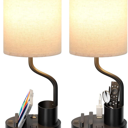 Set of 2 Bedside Table Lamps with USB-C USB-A Ports AC Outlets Phone Pen Holder