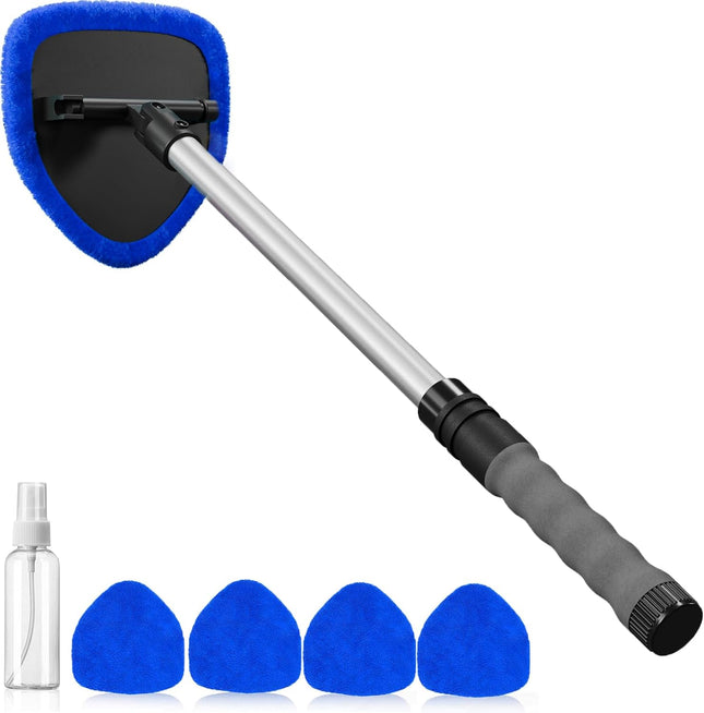Car Windshield & Window Cleaner Kit – 4 Washable Microfiber Pads with Extendable Handle