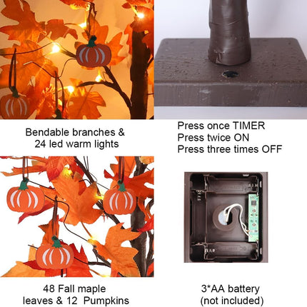 2FT Lighted Maple Leaf Tree, 24 LED Lights & 12 Wood Pumpkin Ornaments, Fall Decor