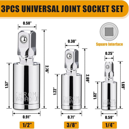 3PCS Universal Socket Set – 1/4", 3/8", 1/2" Drive Swivel Adapters for Tight Spaces