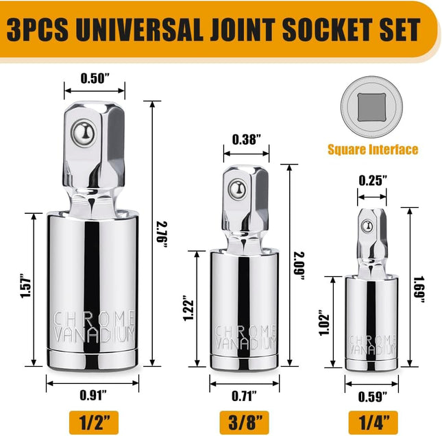 3PCS Universal Socket Set – 1/4", 3/8", 1/2" Drive Swivel Adapters for Tight Spaces