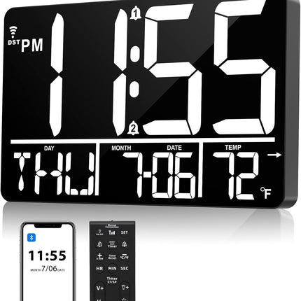 Bluetooth Digital Wall Clock with Remote, Auto DST & 25 Alarm Tones