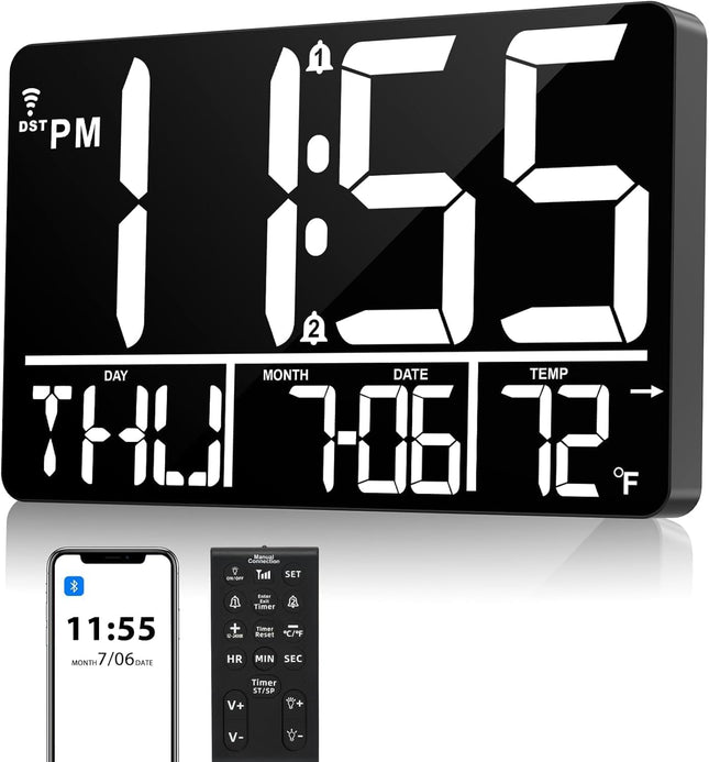 Bluetooth Digital Wall Clock with Remote, Auto DST & 25 Alarm Tones