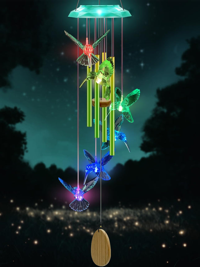 37-Inch Solar Hummingbird Wind Chimes, 7-Color Changing, Deep Tone Aluminum Tubes