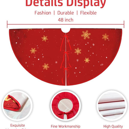 Red and Gold Christmas Tree Skirt Mat, 48 Inch Santa & Snowflake Design