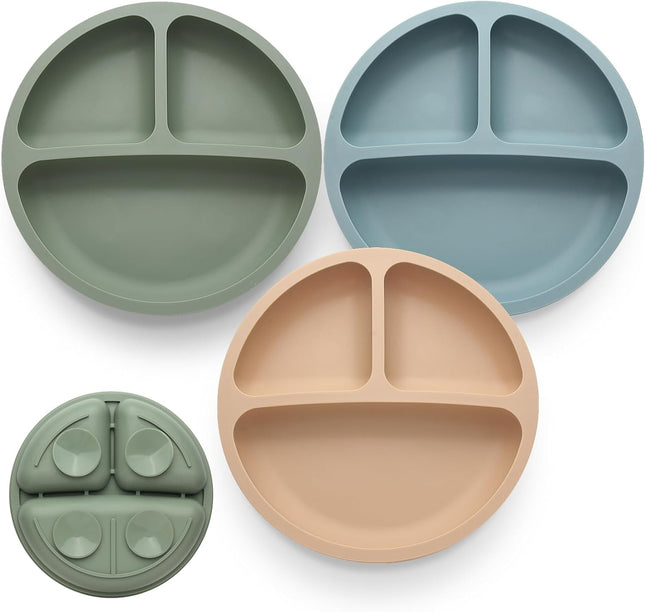 3 Silicone Suction Plates for Toddlers – Divided, Safe for Microwave & Dishwasher