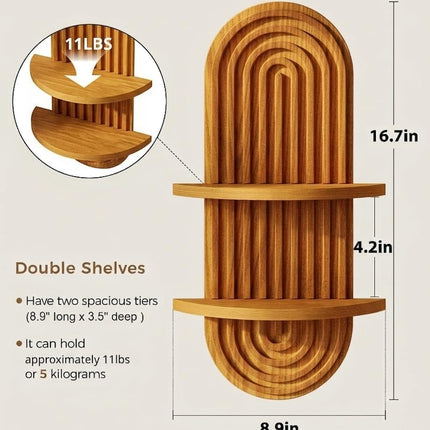 Boho Wooden Plant Wall Shelf, 2-Tier Arched Floating Shelves, Brown Mid-Century Decor