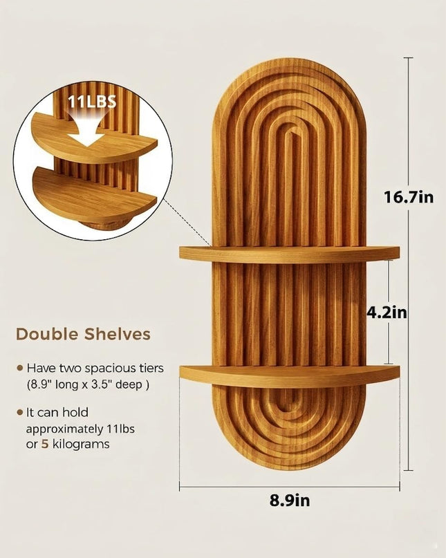 Boho Wooden Plant Wall Shelf, 2-Tier Arched Floating Shelves, Brown Mid-Century Decor