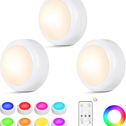 LED Puck Lights 3 Pack, 16 Color RGB Under Cabinet Lights with Remote, Dimmer & Timer