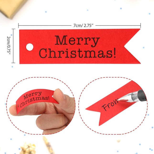 100PCS Merry Christmas Gift Tags – Red Holiday Labels with String for Crafts