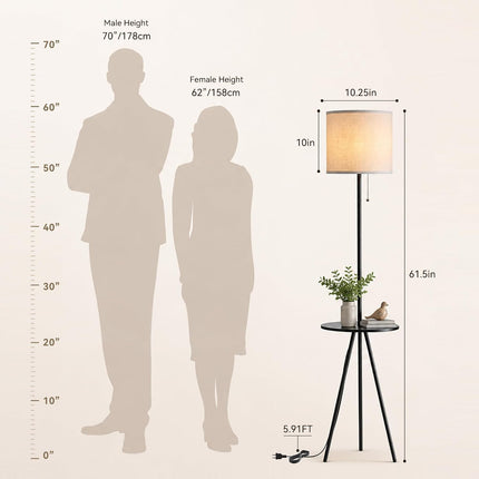 Floor Lamp with Side Table Linen Shade Space Saving Standing Lamp for Living Room