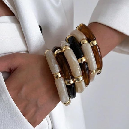 6pcs Chunky Acrylic Bangle Bracelets Brown Resin Stretch Stack Women