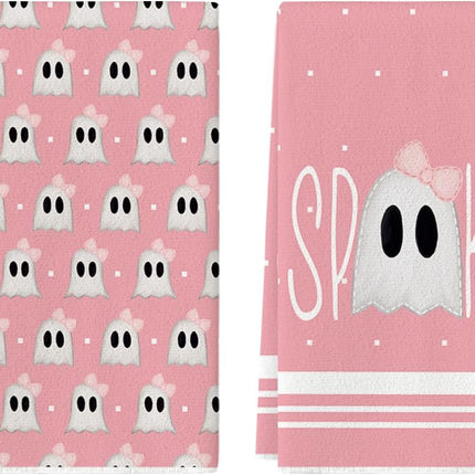 2-Pack Pink Ghost Halloween Kitchen Towels 18x26in, Absorbent Farmhouse Decor