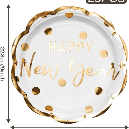 Happy New Year 25-Pc Paper Plates – White & Gold Foil Disposable Tableware