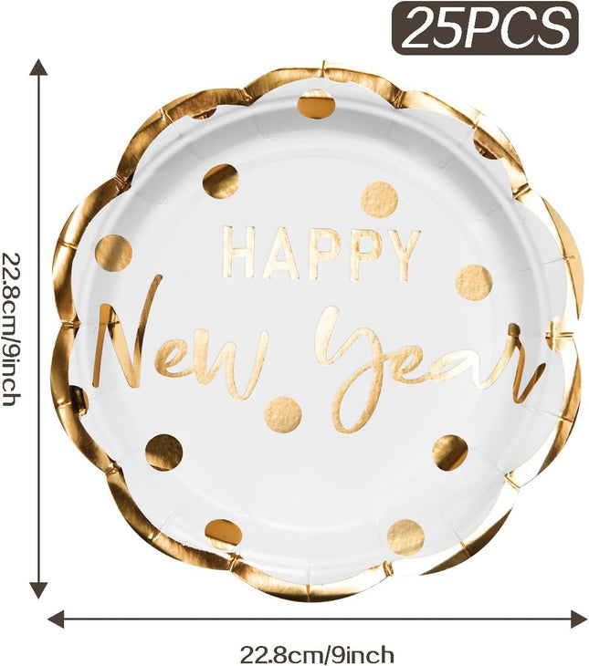 Happy New Year 25-Pc Paper Plates – White & Gold Foil Disposable Tableware